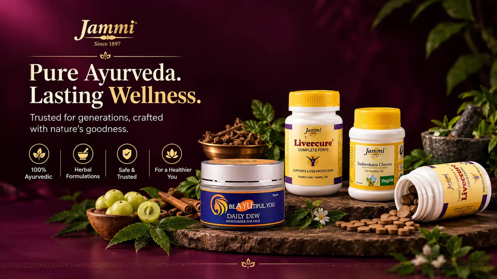 Ayurvedic wellness supplement bottles
